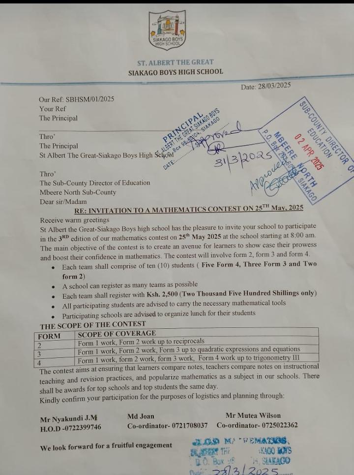 Invitation to Annual Mathematics Contest