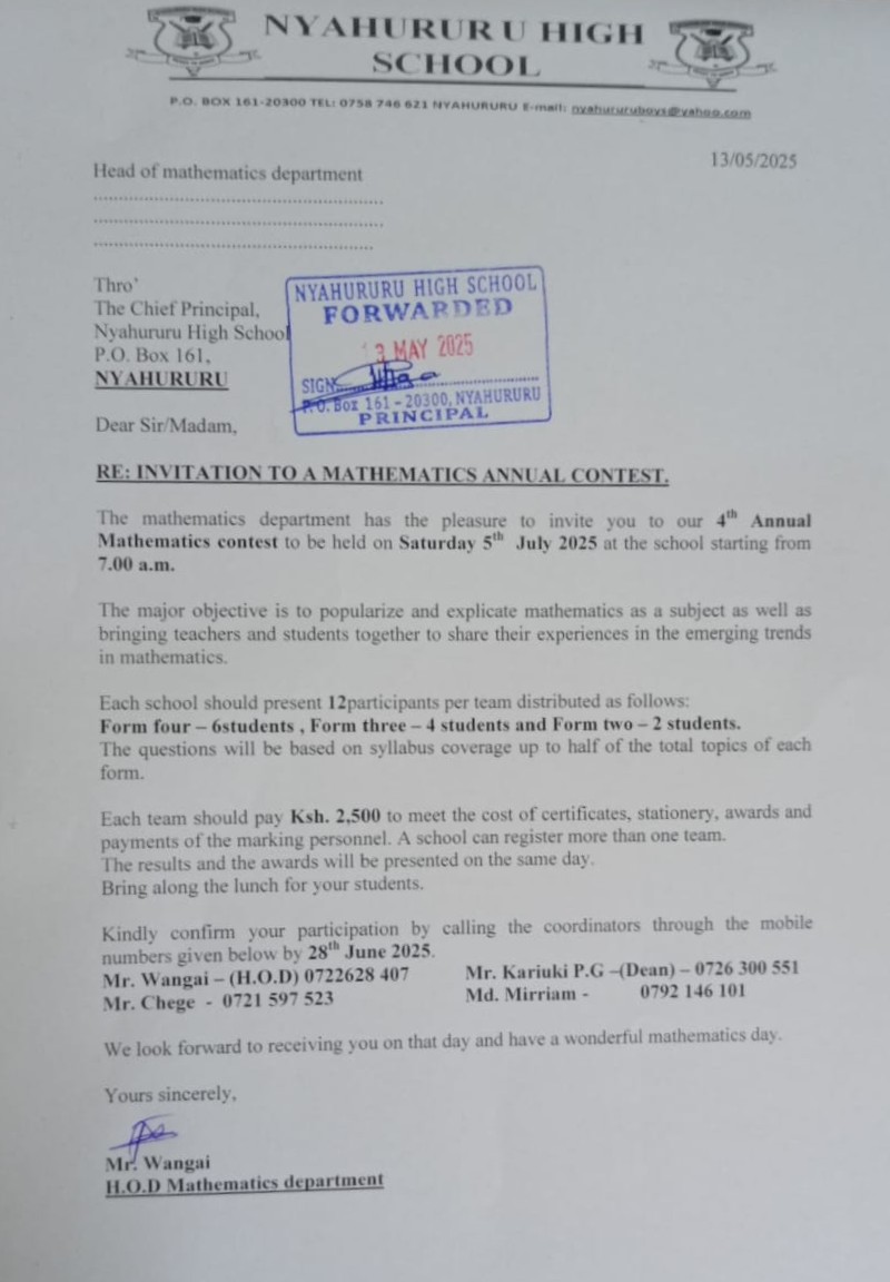 Nyahururu High Annual Mathematics Contest